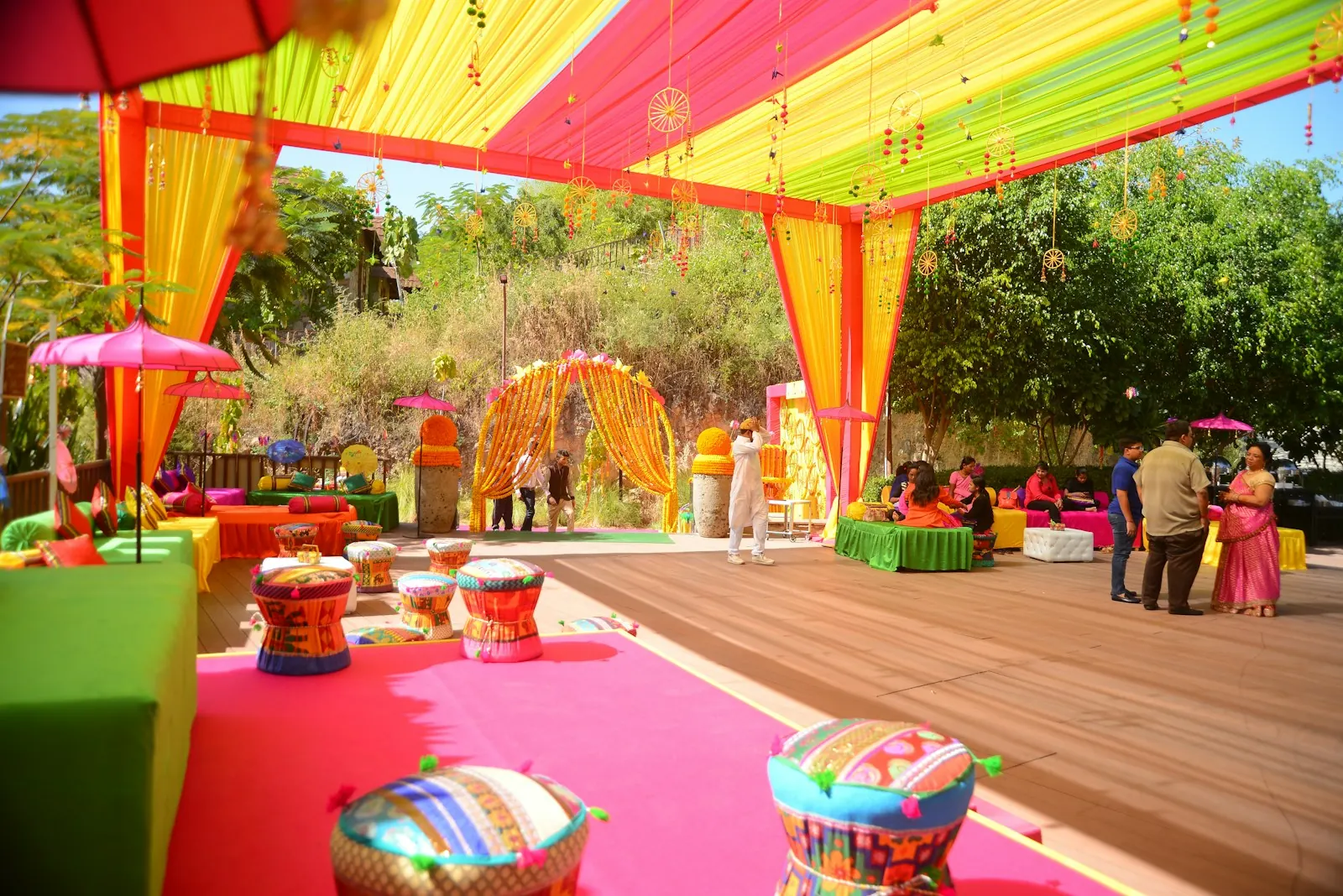 Colourful outdoor wedding event décor