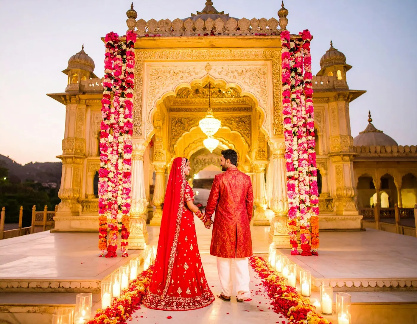 Couple walking towards a candle-lit palace arch